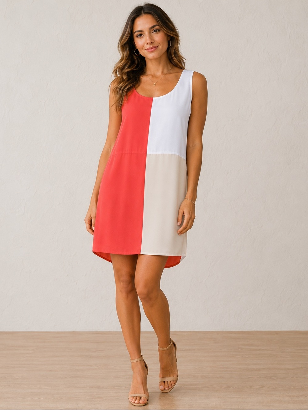 Hem & Thread Coral, White & Cream Colorblock Midi Dress